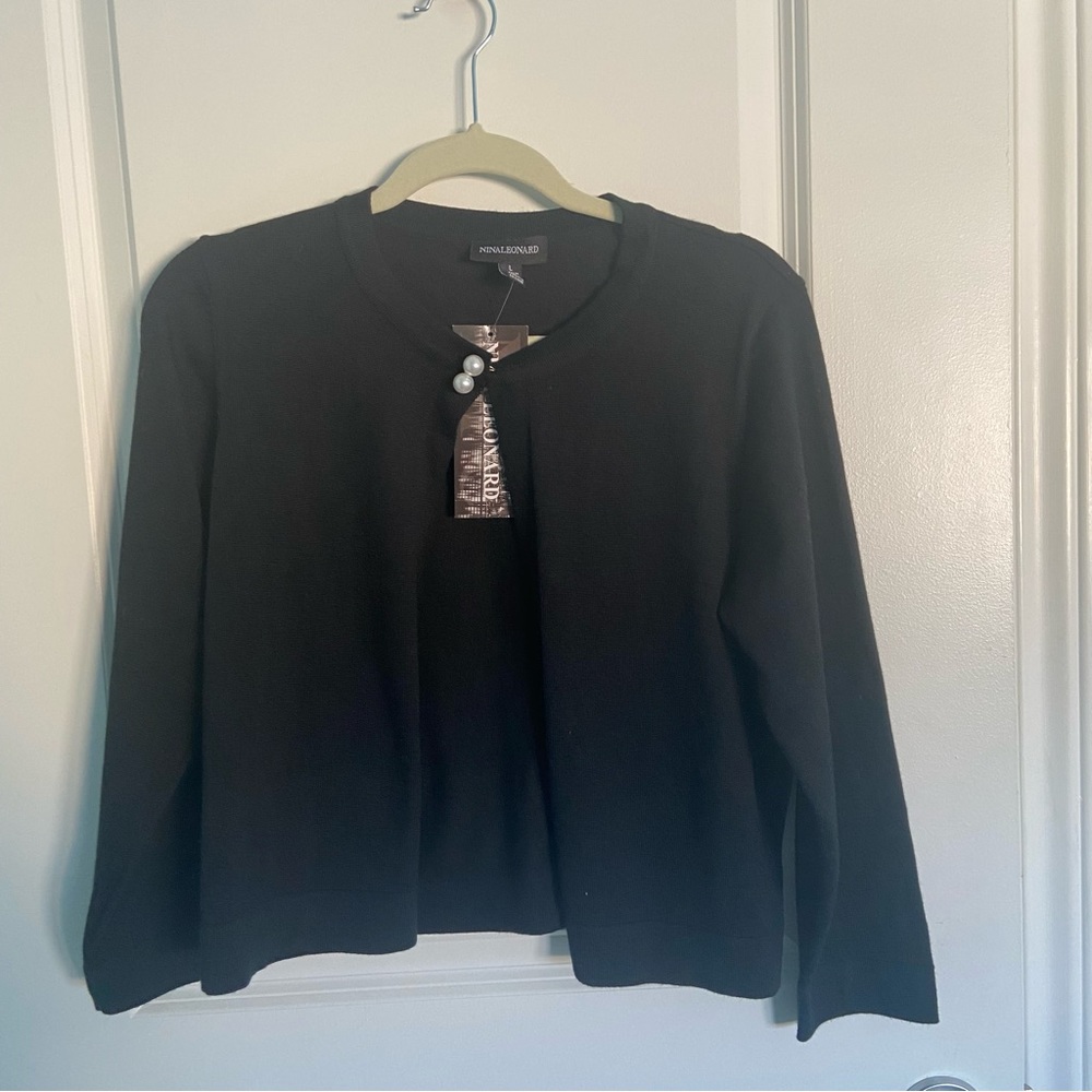 Nina Leonard Open Front Cardigan with Pearl Button, L NWT